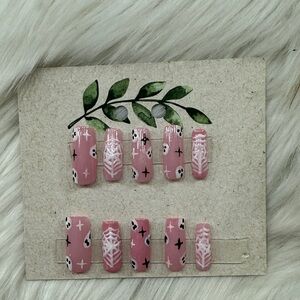 Pink Nail Art Set with White ghost and Black stars Designs